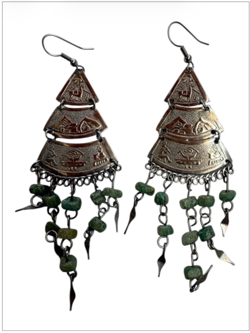 Handcrafted Silver-Tone Green Stone Chandelier Earrings